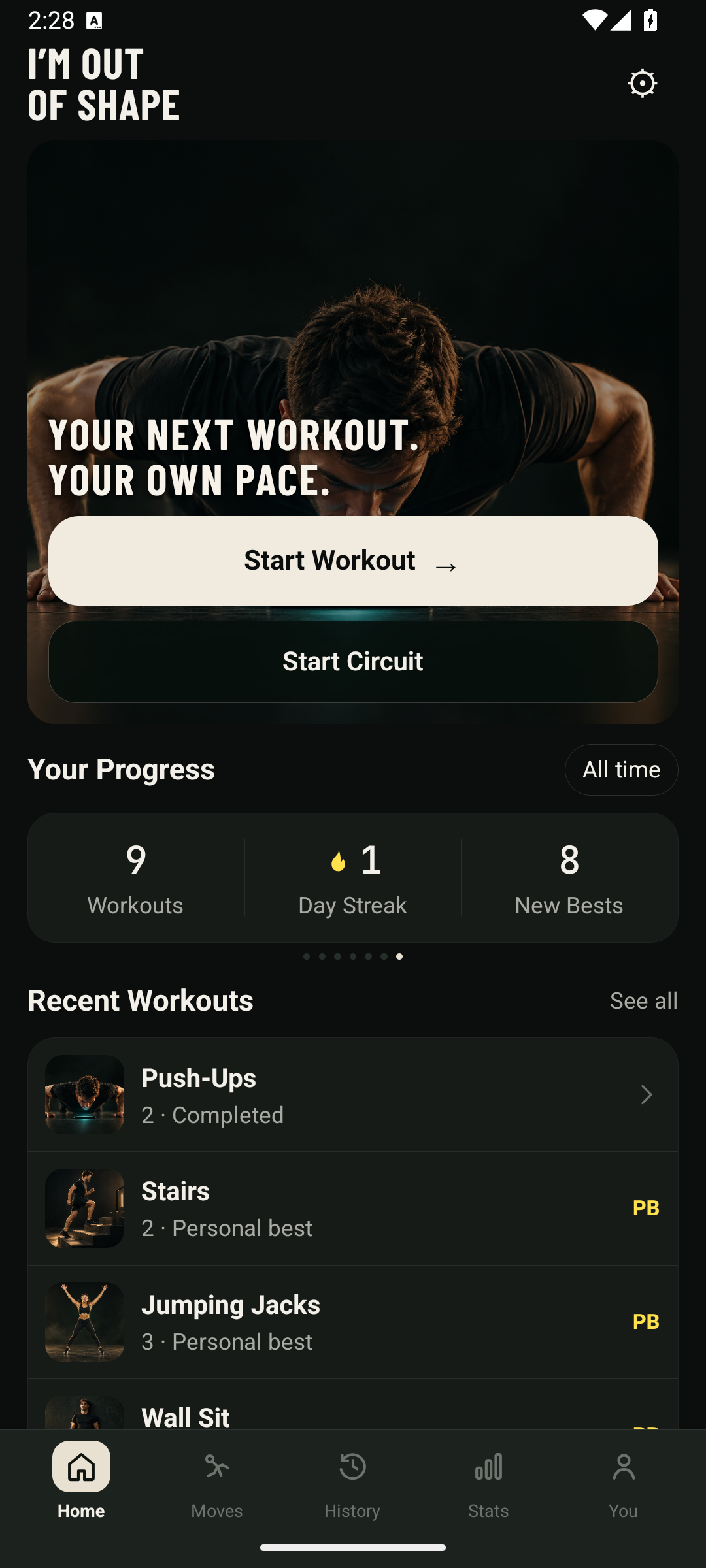 The app Home screen, with Start Workout, Start Circuit, your progress and recent workouts.